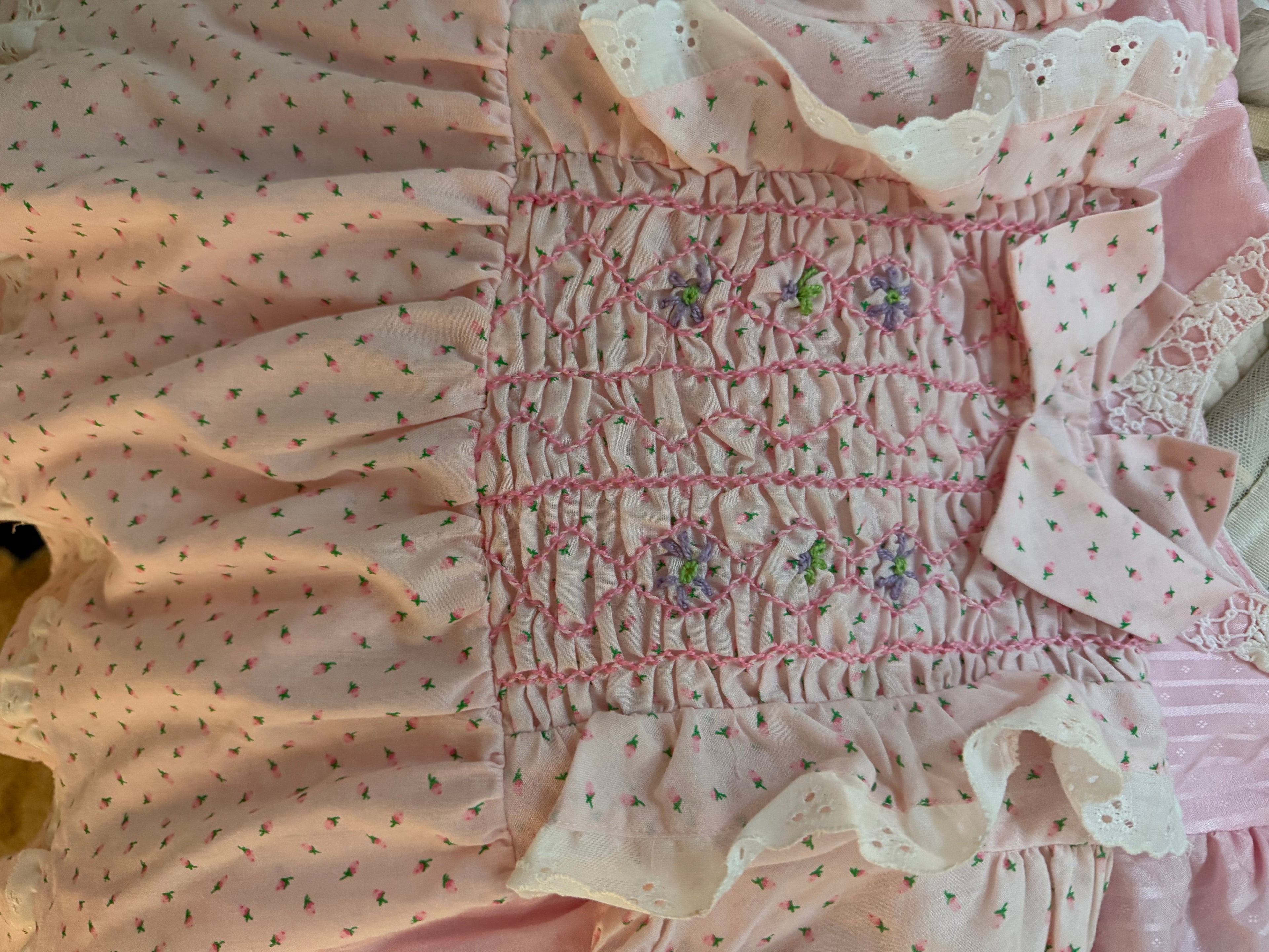 Vintage - Pink Smocked Dress w eyelet trims