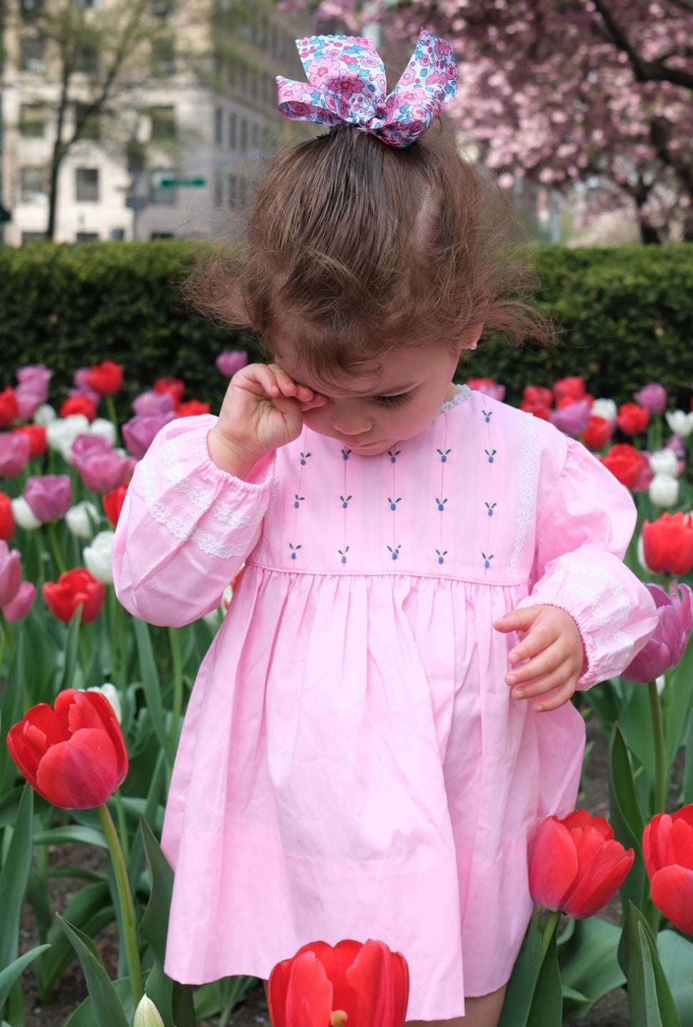 Pink Tulip Embroidery & Lace Trim Dress - 3T