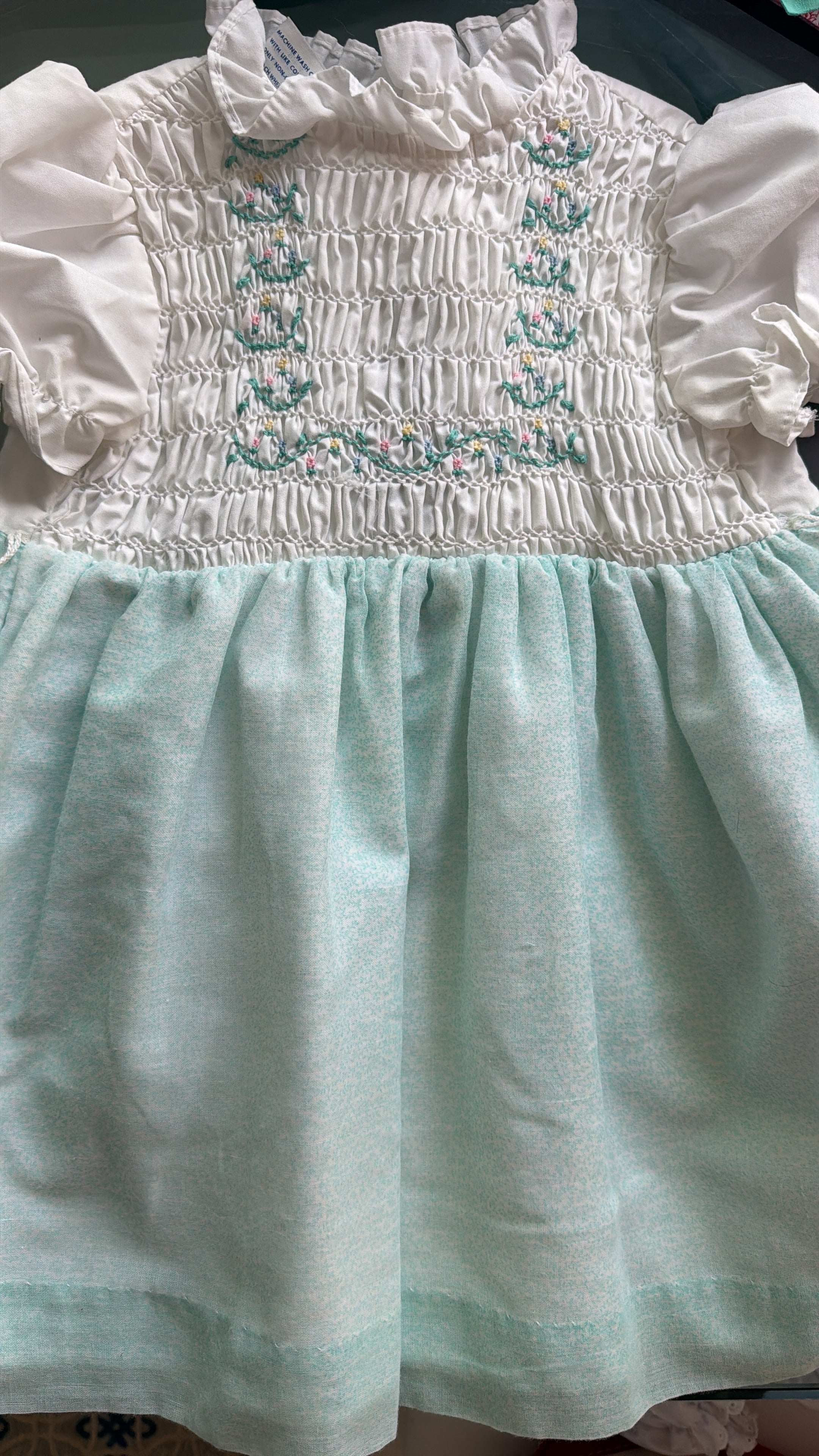 Aqua Blue and White Handsmocked Dress