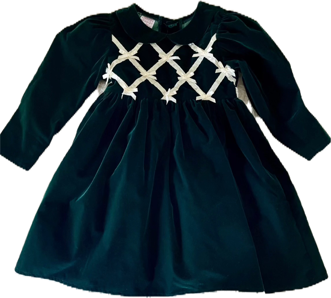 Green Velvet, White Bows Dress - 4T
