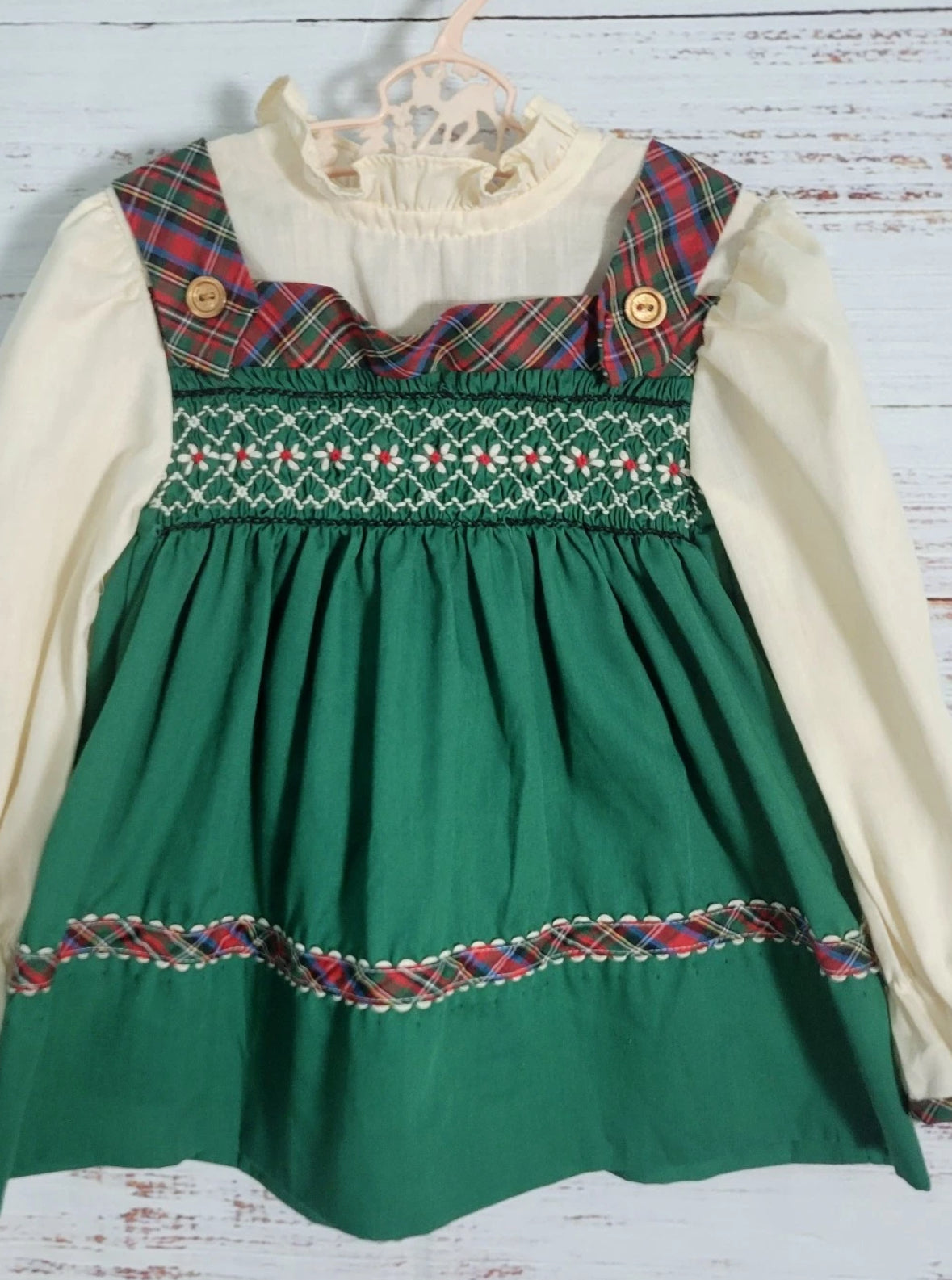 Green & Plaid Dress (handsmocked w/ sleeves) - 2T