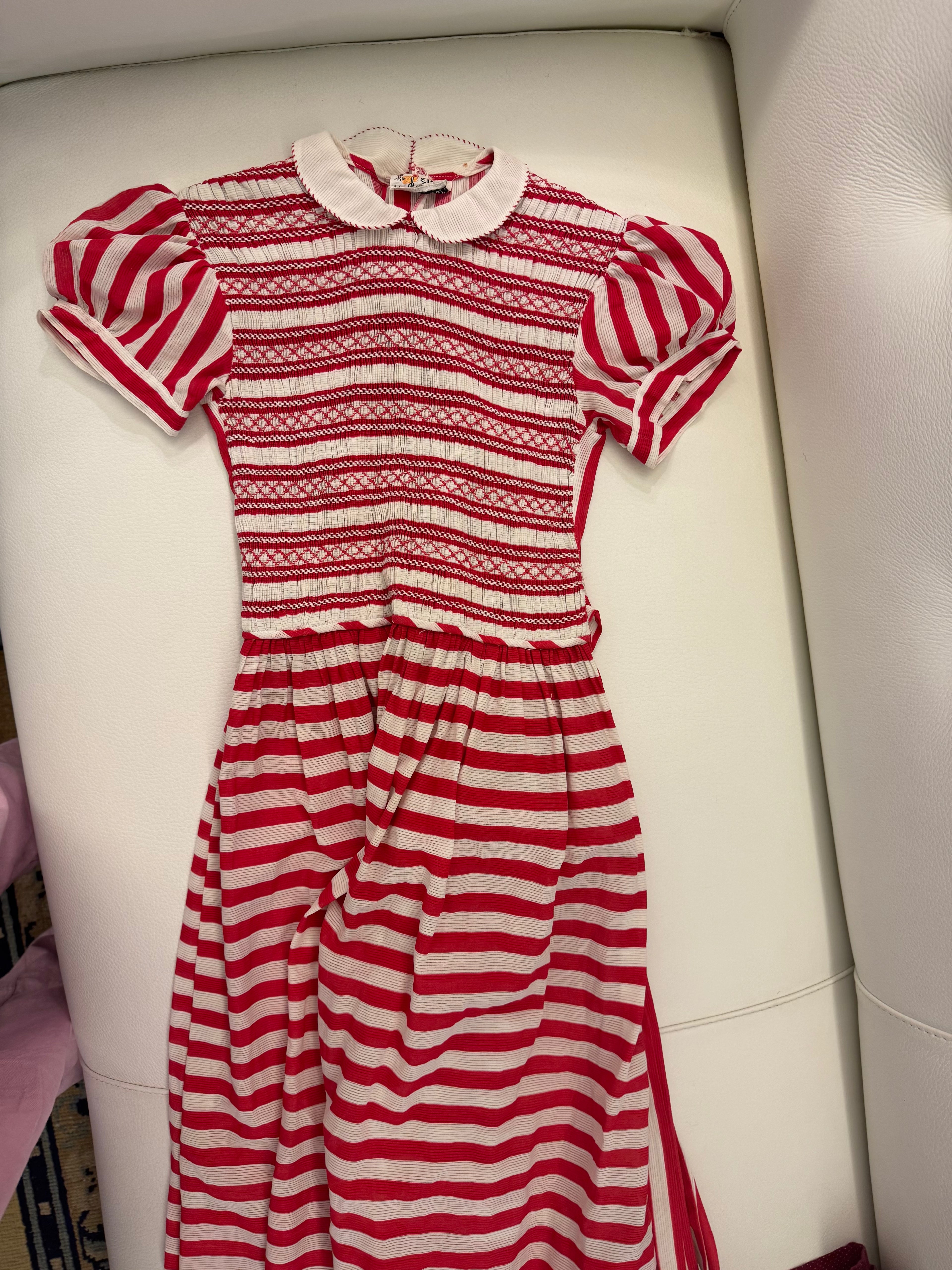 Antique Striped & Smocked White and Red Dress 10T
