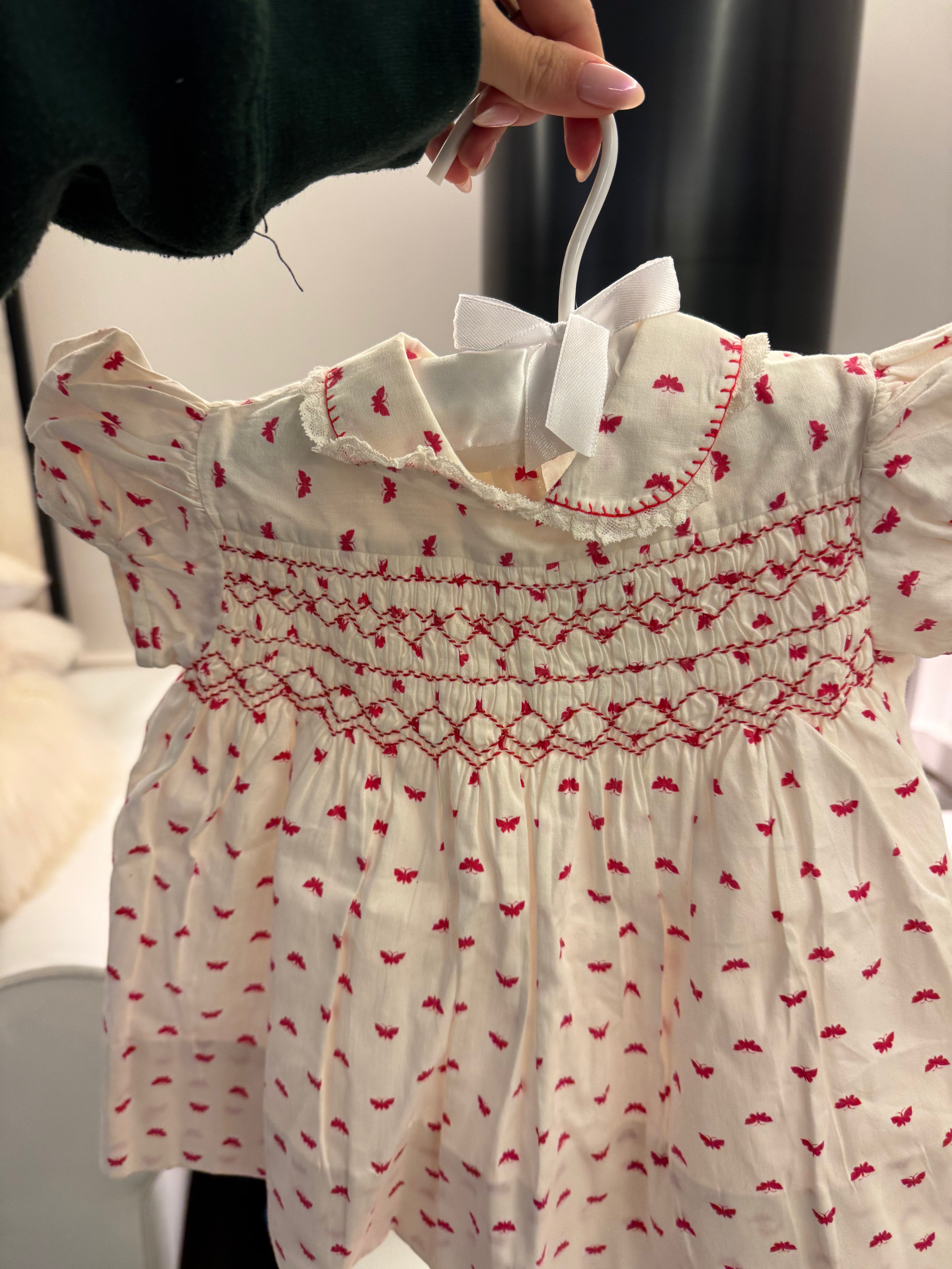White & Red Butterflies Smocked Dress 12m