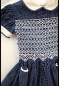 Antique Blue and White polka dot Smocked Dress