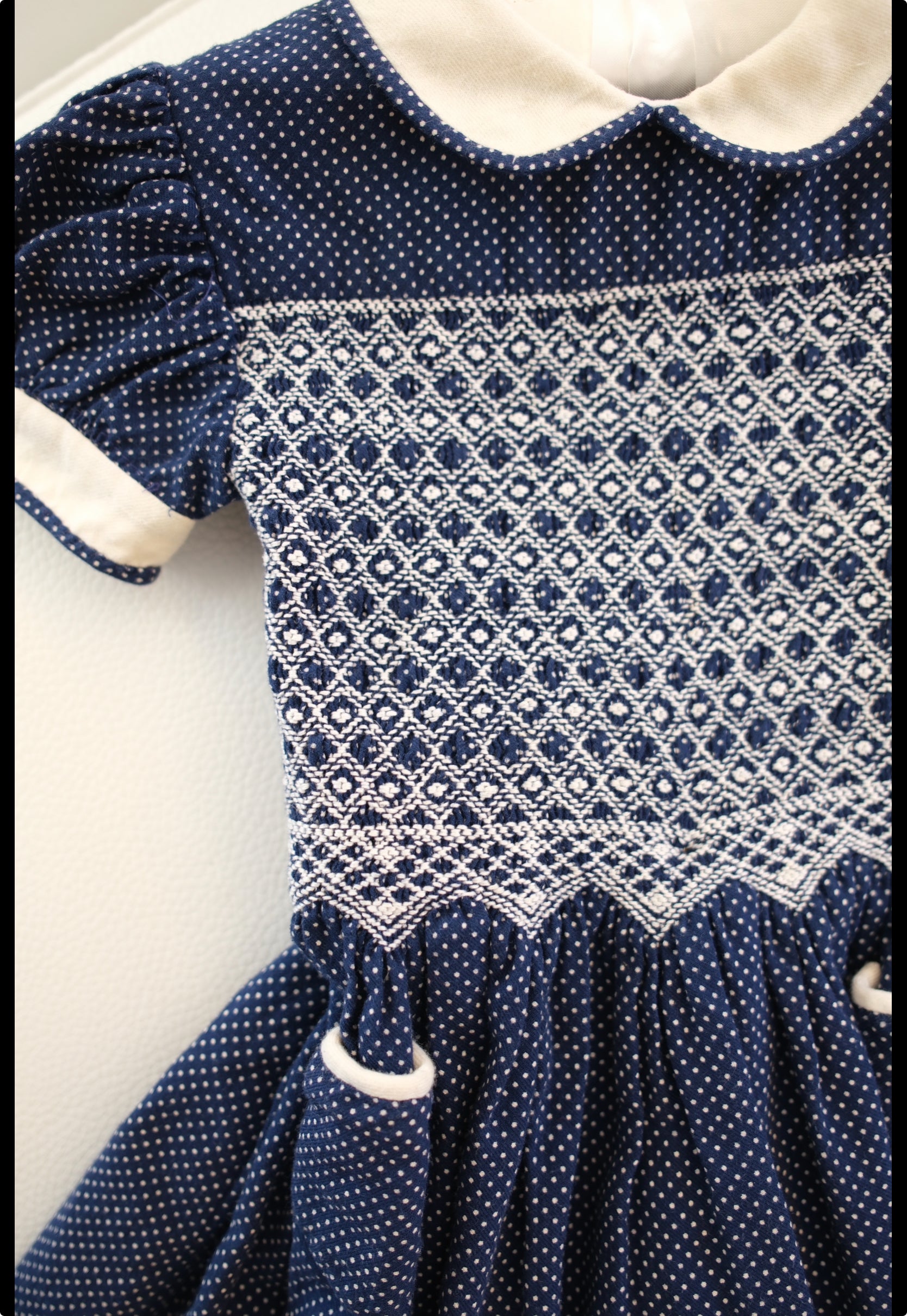 Antique Blue and White polka dot Smocked Dress