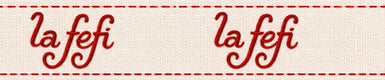 Two instances of 'la fefi' text on a woven ribbon background.