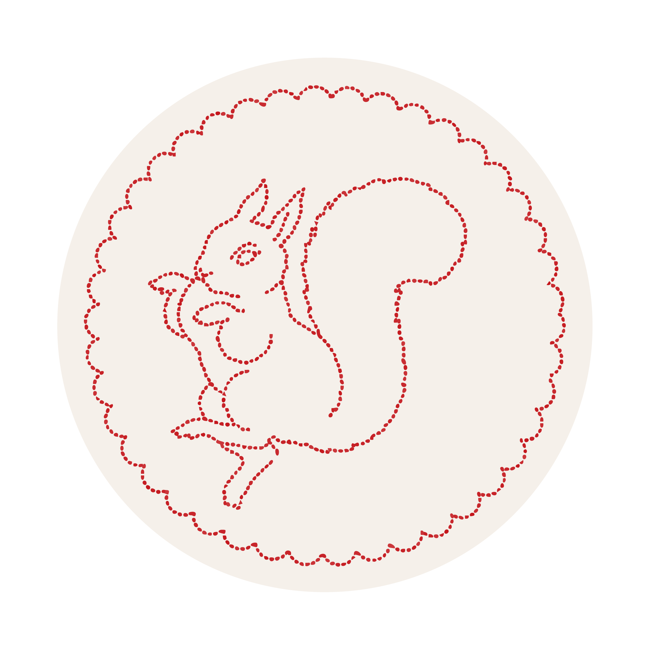 Circular white mat with red embroidered outline of a squirrel on a white background