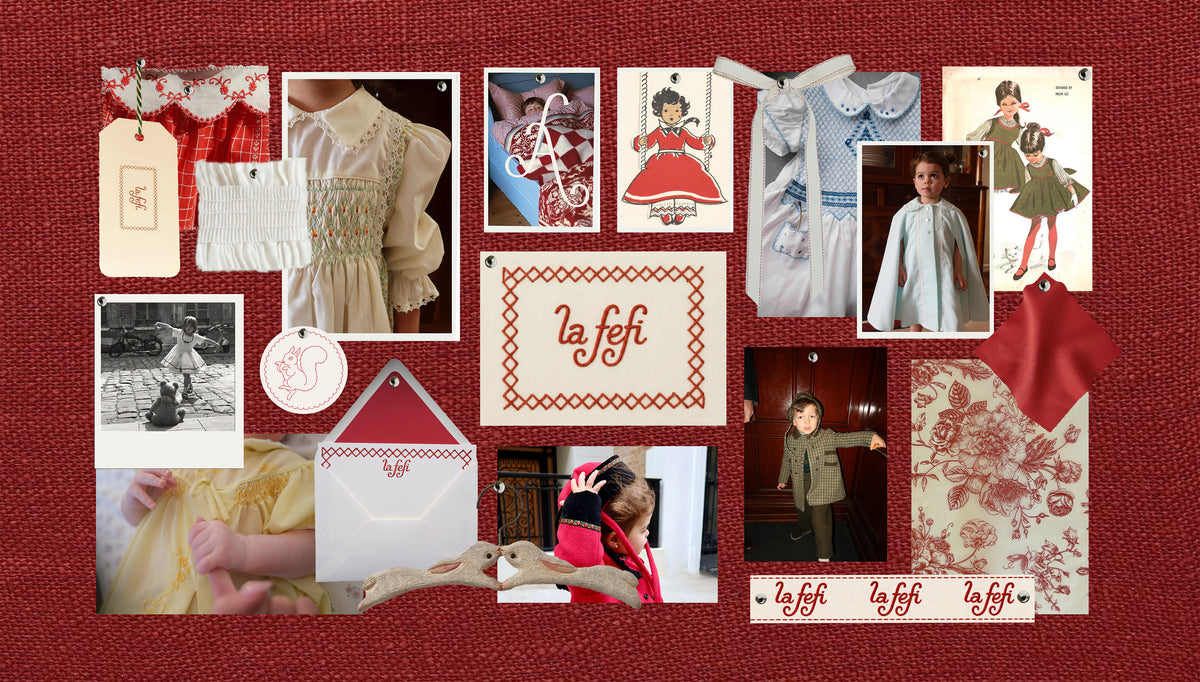 Collage of vintage-style clothing and photos on a red background with 'la fefi' branding.