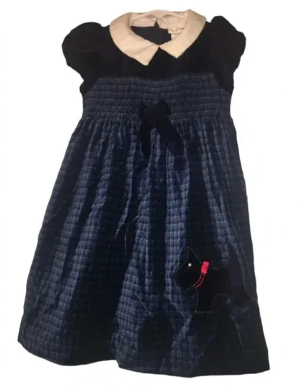 Navy Velvet Smocked Scottie Dress - 4T