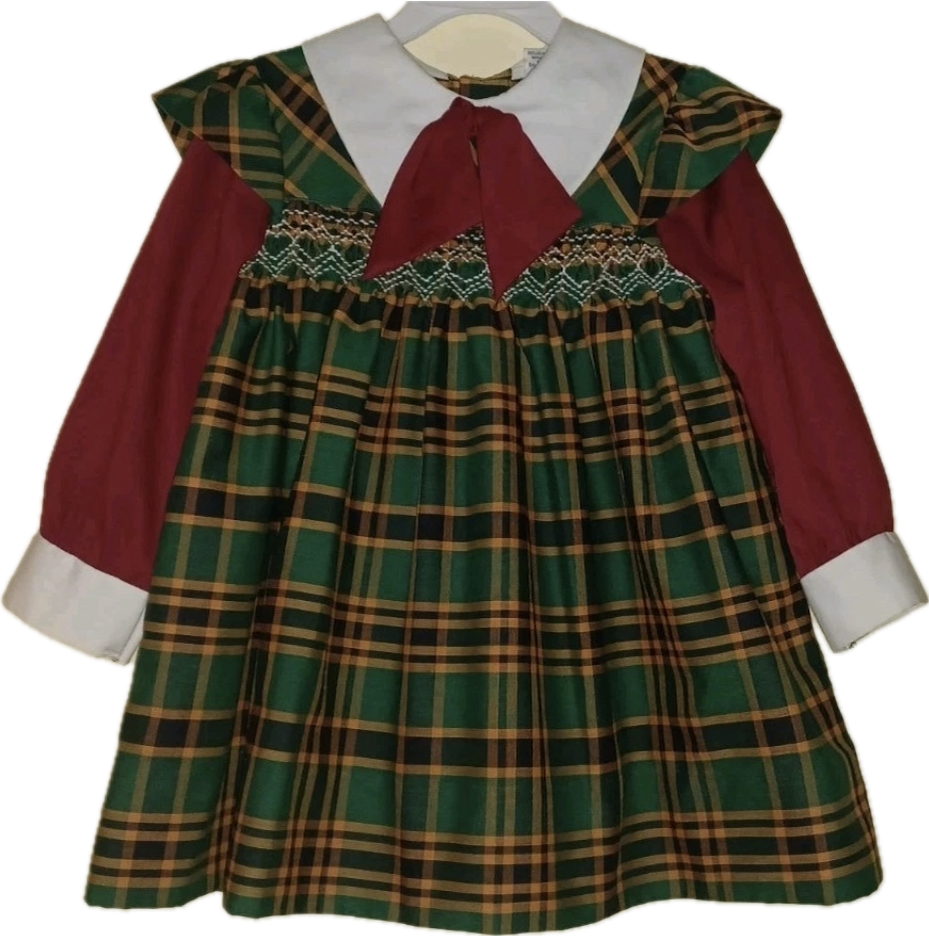 Green Plaid w/ Red Sleeves Hand Smocked Dress - 5T