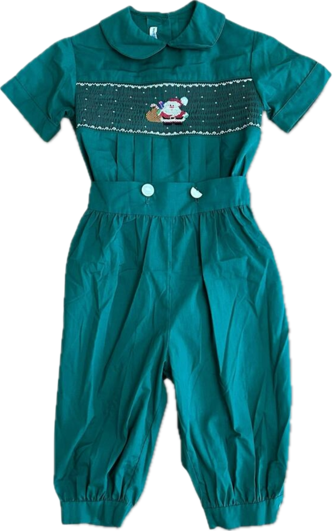 Green Smocked Santa Romper (Boy)- 2T