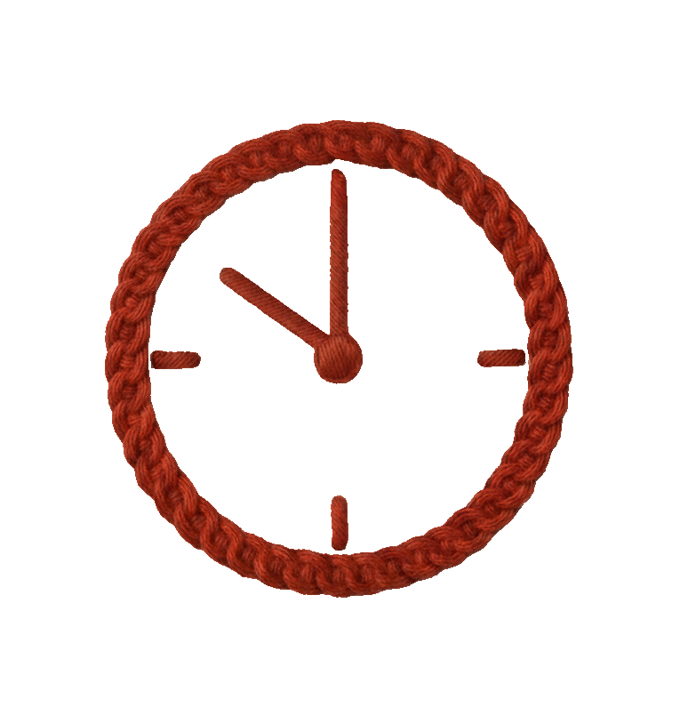 Red woven clock face with yarn textured hour and minute hands on a white background