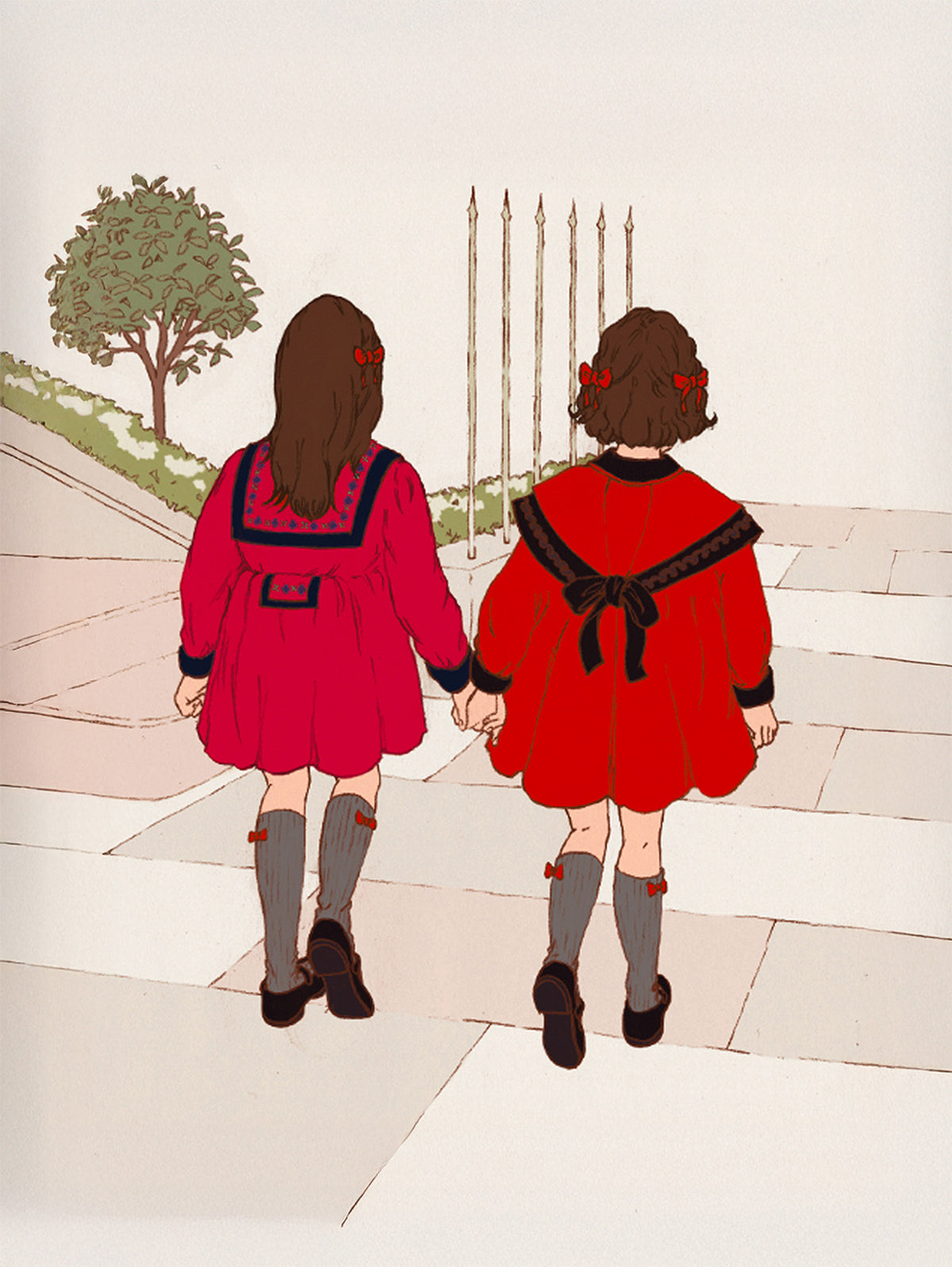 Two illustrated girls in red dresses holding hands on a stone path with a tree in the background.
